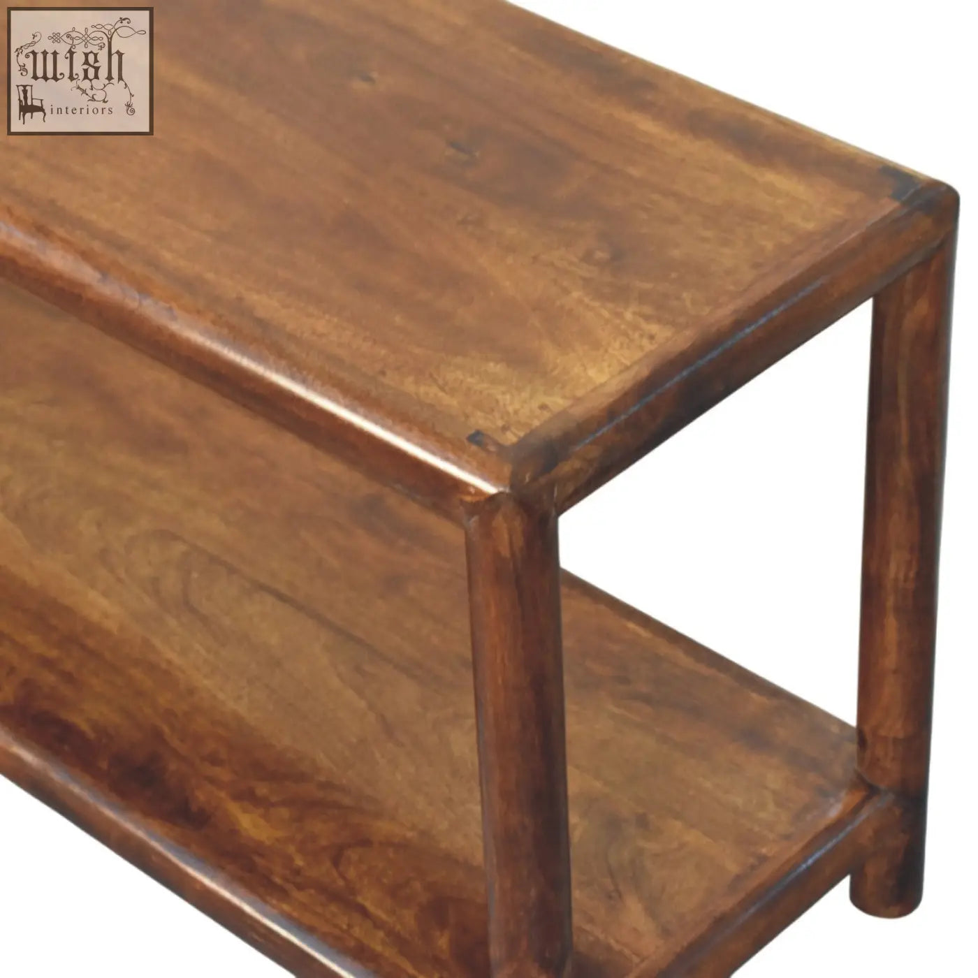 Regency bench with chestnut linen and rustic dark brown solid mango wood side table showing visible grain patterns