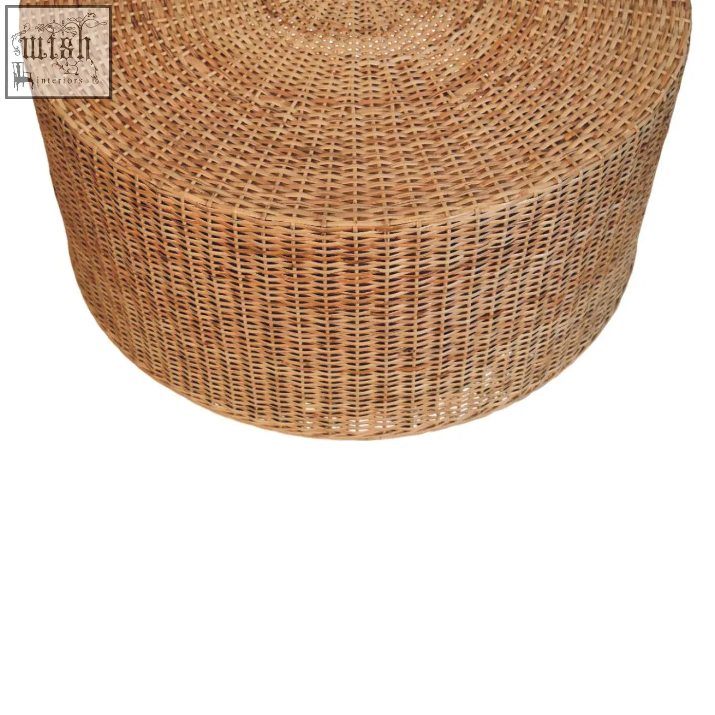 Regency round woven coffee table with natural rattan, tight woven exterior, cylindrical tapered design, perfect side table