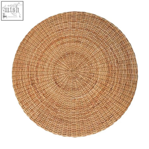 Regency round woven coffee table with natural woven exterior placemat in earthy tan and tight uniform weave