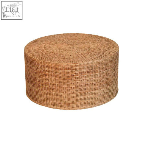 Natural woven rattan regency round woven coffee table with cylindrical shape and tight woven exterior design