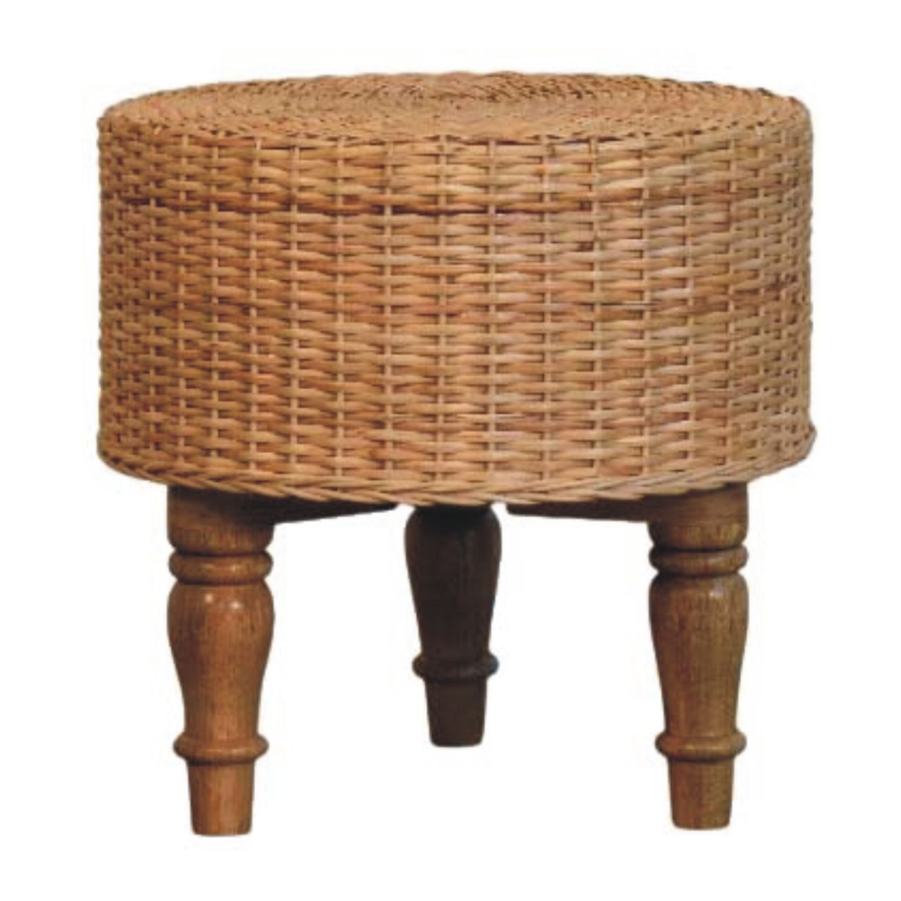 Natural woven wicker regency round woven stool with dark turned wooden legs for stylish storage and seating