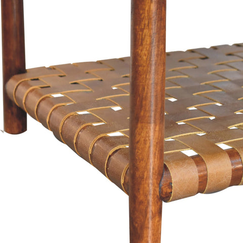 Regency woven coffee table in brown leather with solid mango wood legs and four drawers for stylish storage
