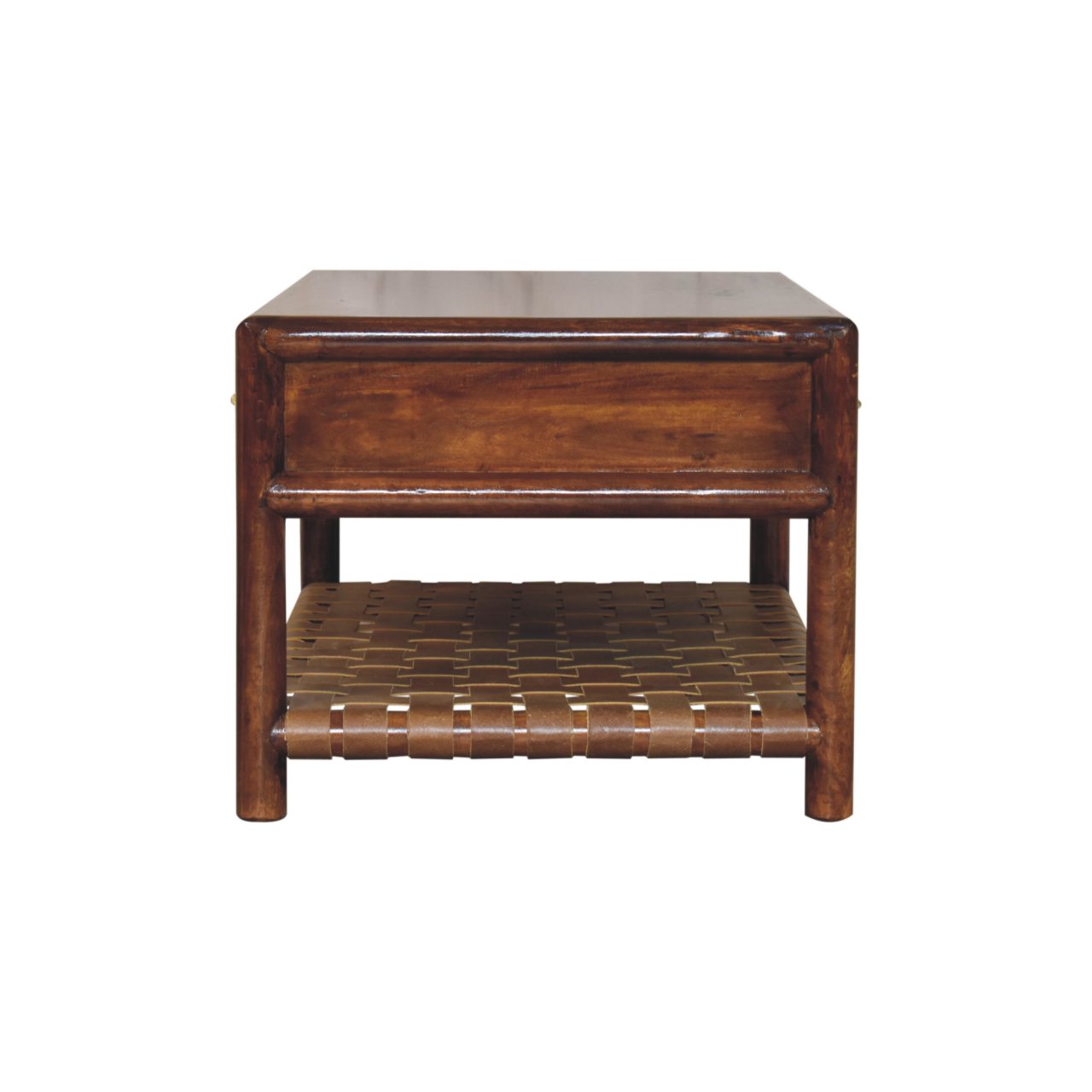 Dark brown regency woven coffee end table with single drawer and woven leather shelf made of solid mango wood