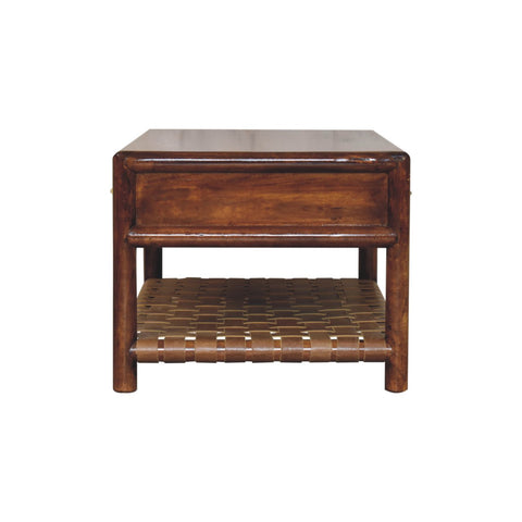 Dark brown regency woven coffee end table with single drawer and woven leather shelf made of solid mango wood