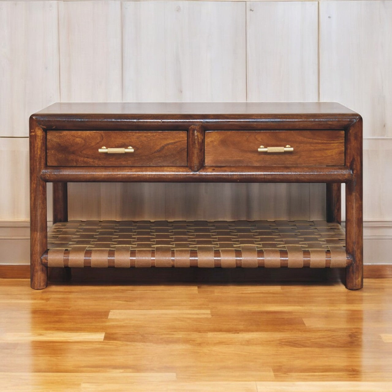 Regency woven coffee table in dark solid mango wood with four drawers and a woven leather shelf below