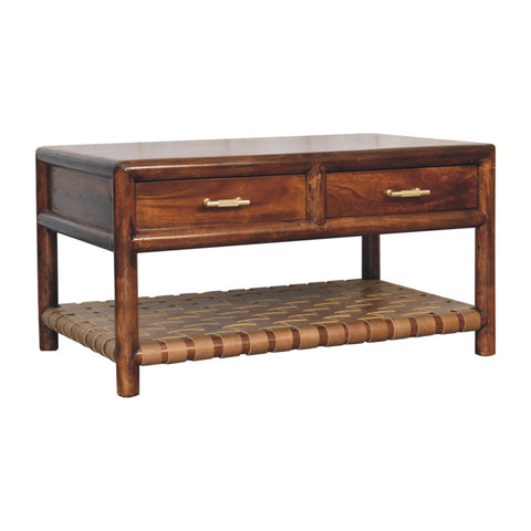 Dark wood regency woven coffee table with two drawers and a woven leather shelf in solid mango wood