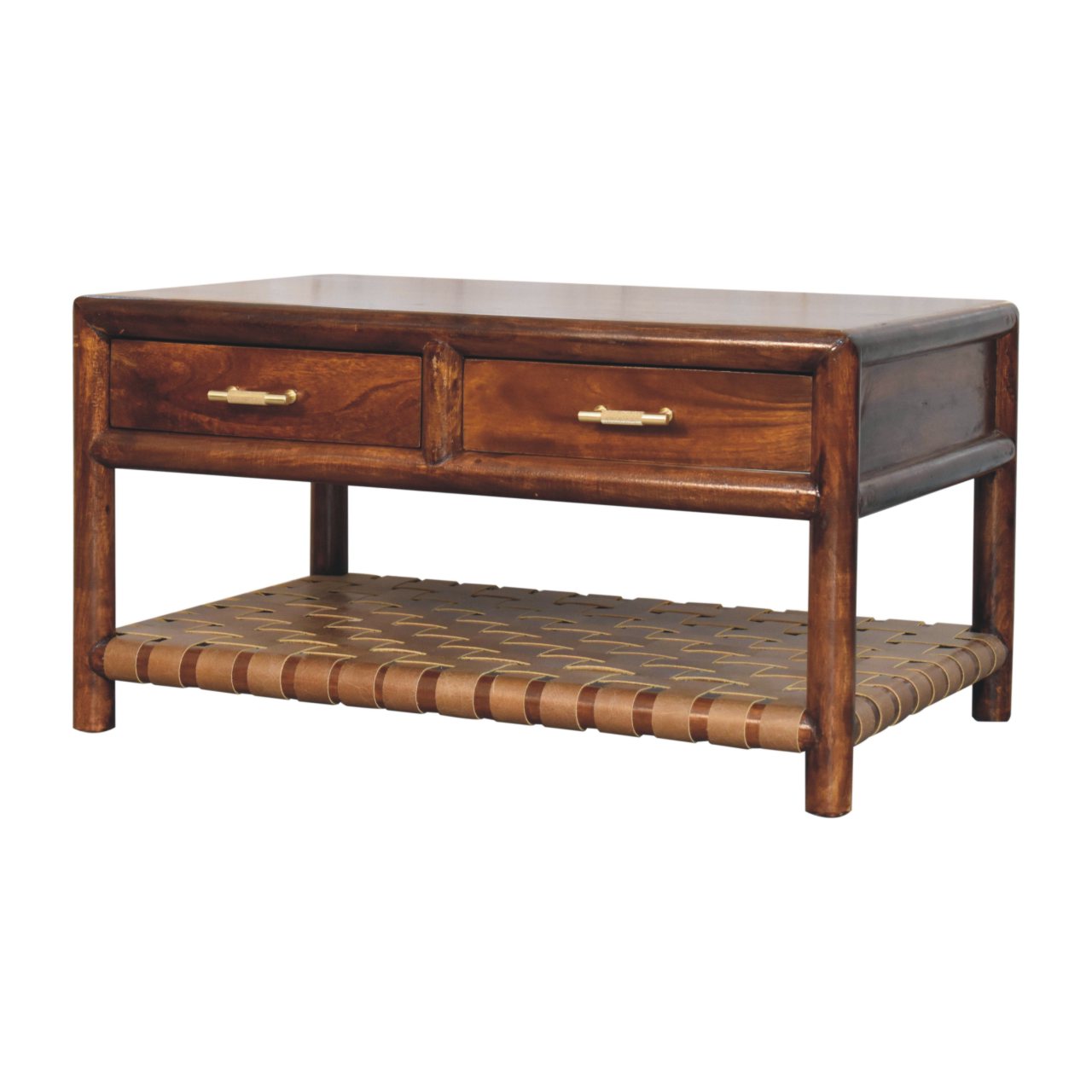Regency woven coffee table in dark solid mango wood with four drawers and a woven leather shelf below
