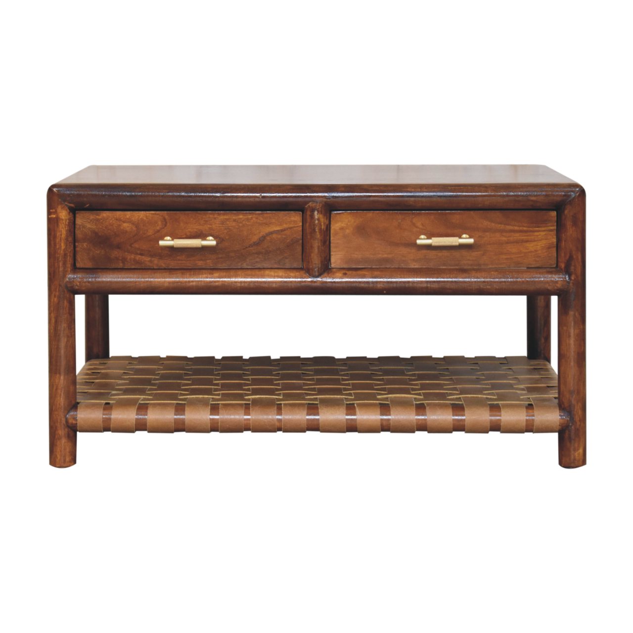 Regency woven coffee table in dark solid mango wood with four drawers and a woven leather shelf below