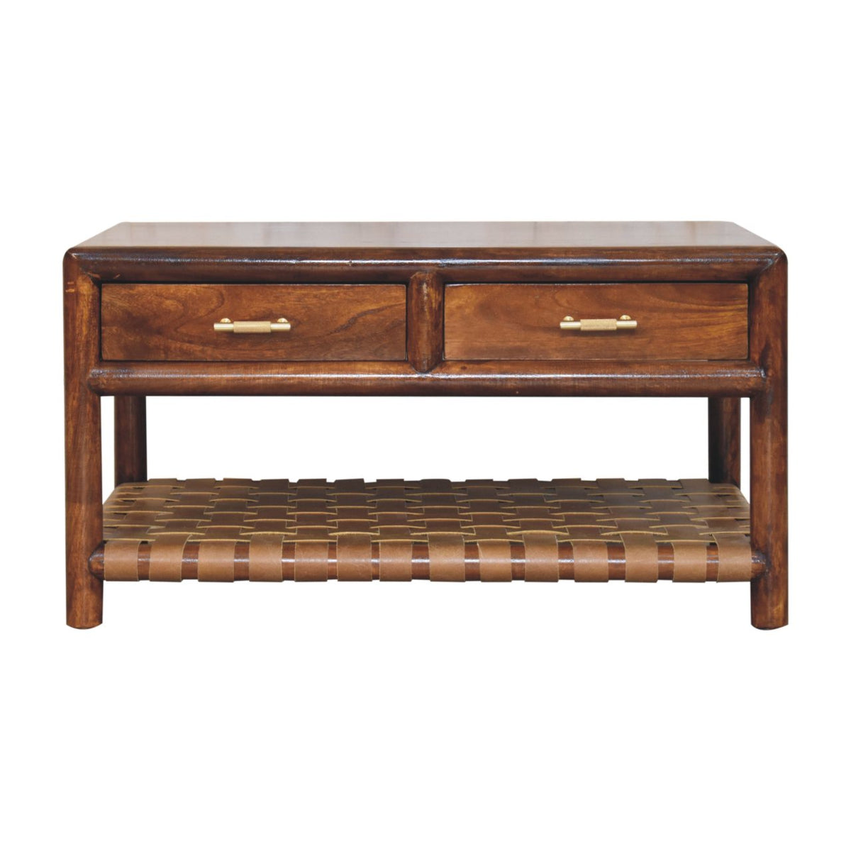 Regency woven coffee table in dark solid mango wood with four drawers and a woven leather shelf below