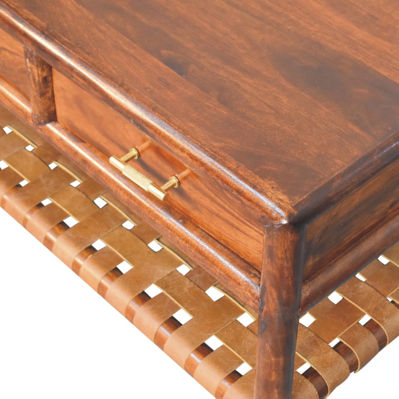 Regency woven coffee table in rich brown solid mango wood with woven tan leather shelf and brass drawer pulls