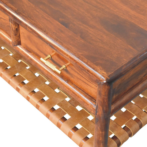 Regency woven coffee table in rich brown solid mango wood with woven tan leather shelf and brass drawer pulls
