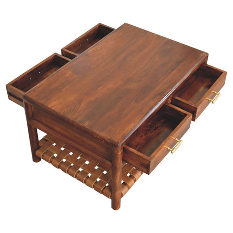 Regency woven coffee table in rich brown solid mango wood with four drawers and a woven leather shelf beneath