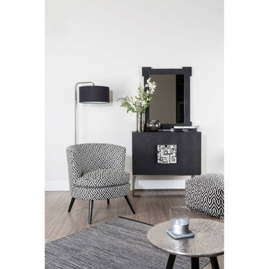 Black and white geometric patterned regent park greek key design accent chair with slender metal legs