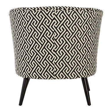 Regent park greek key design round accent chair with black and white geometric upholstery and tapered wooden legs