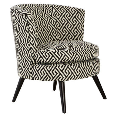 Regent park greek key design round accent chair with black and white geometric fabric and dark wood tapered legs