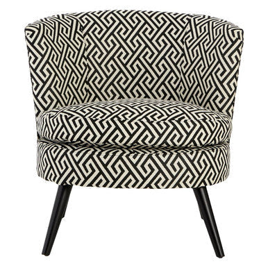 Regent park greek key design round accent chair with black and white geometric pattern and tapered wooden legs