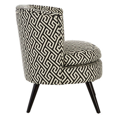 Regent Park Greek key design round accent chair with black and white geometric pattern and tapered wooden legs