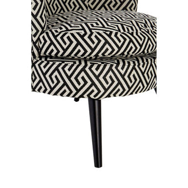 Regent park greek key design round accent chair with black and white geometric upholstery and sleek tapered legs