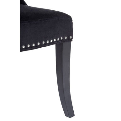 Regents Park black cotton velvet dining chair with silver nailhead trim and dark wooden legs front view