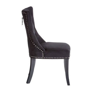 Regents park black cotton velvet dining chair with silver nailhead trim and dark wooden legs shown from front