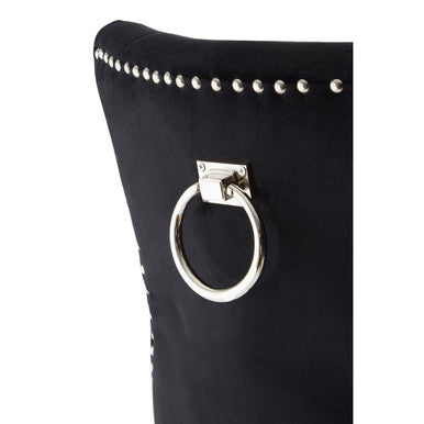 Regents park black cotton velvet dining chair with silver nailhead trim and polished chrome ring handle on back