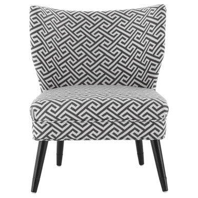 Regents park greek key design accent chair with black and white geometric pattern and tapered wooden legs