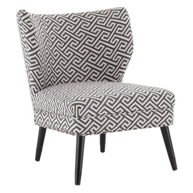 Gray and white regents park greek key design accent chair with geometric pattern and black tapered legs
