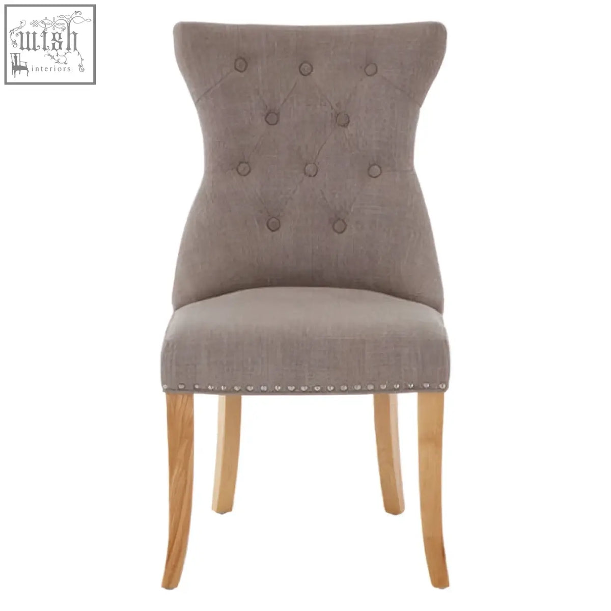 Beige tufted regents park mink linen dining chair with nailhead trim and light wooden legs
