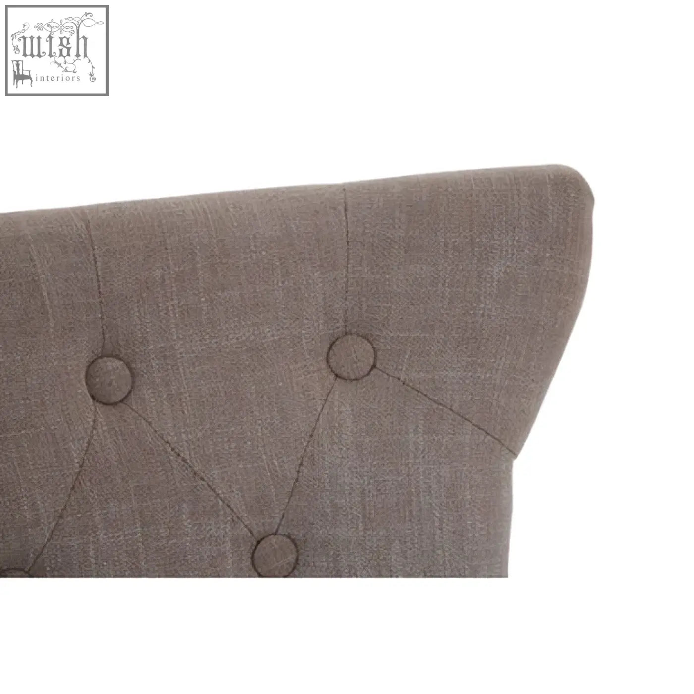 Beige mink linen dining chair with button tufted headboard and light wooden legs in regents park style