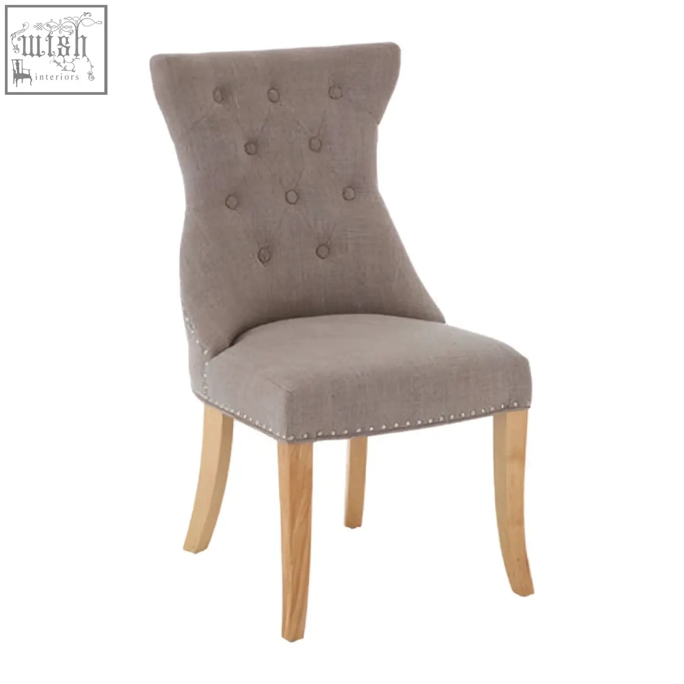 Beige regents park mink linen dining chair with tufted back and light wooden legs in mink linen fabric