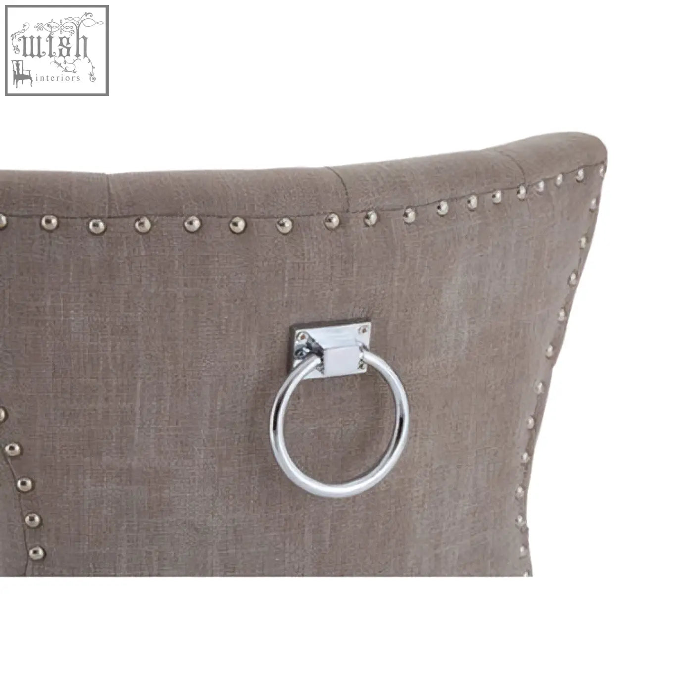 The back of a regents park mink linen dining chair with taupe mink linen fabric silver ring handle and light wooden legs