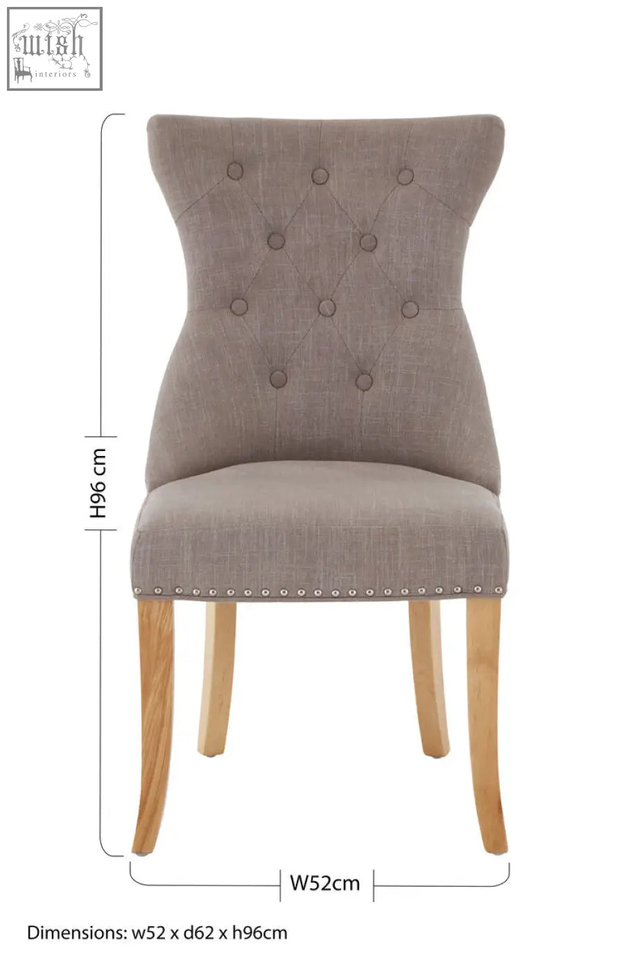 Regents Park mink linen dining chair with tufted grey mink linen fabric and light wooden legs with nailhead trim