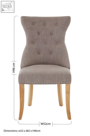 Regents Park mink linen dining chair with tufted grey mink linen fabric and light wooden legs with nailhead trim