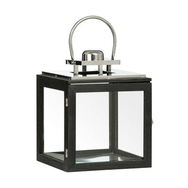 Black metal small stainless steel lantern with clear glass panels and silver handle from regents park collection