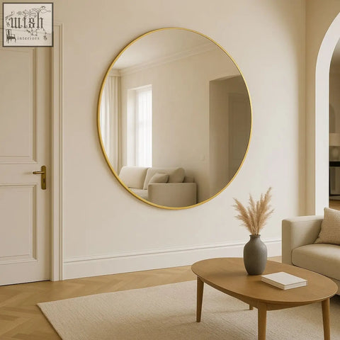 Rei 150cm gold extra large round mirror with satin gold metal frame perfect for stylish wall decor