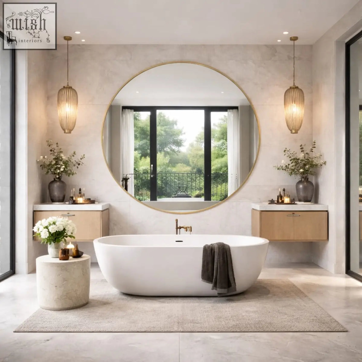 White freestanding bathtub with satin gold faucet and dark gray towel under rei 150cm gold extra large round metal circle mirror