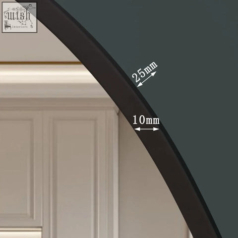 Rei 90cm black round metal mirror with sleek arched frame measuring 25mm top and 10mm bottom edge