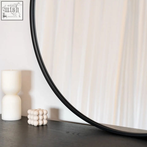 Rei 90cm black round metal circle mirror with sleek minimalist frame perfect as a black round wall decor