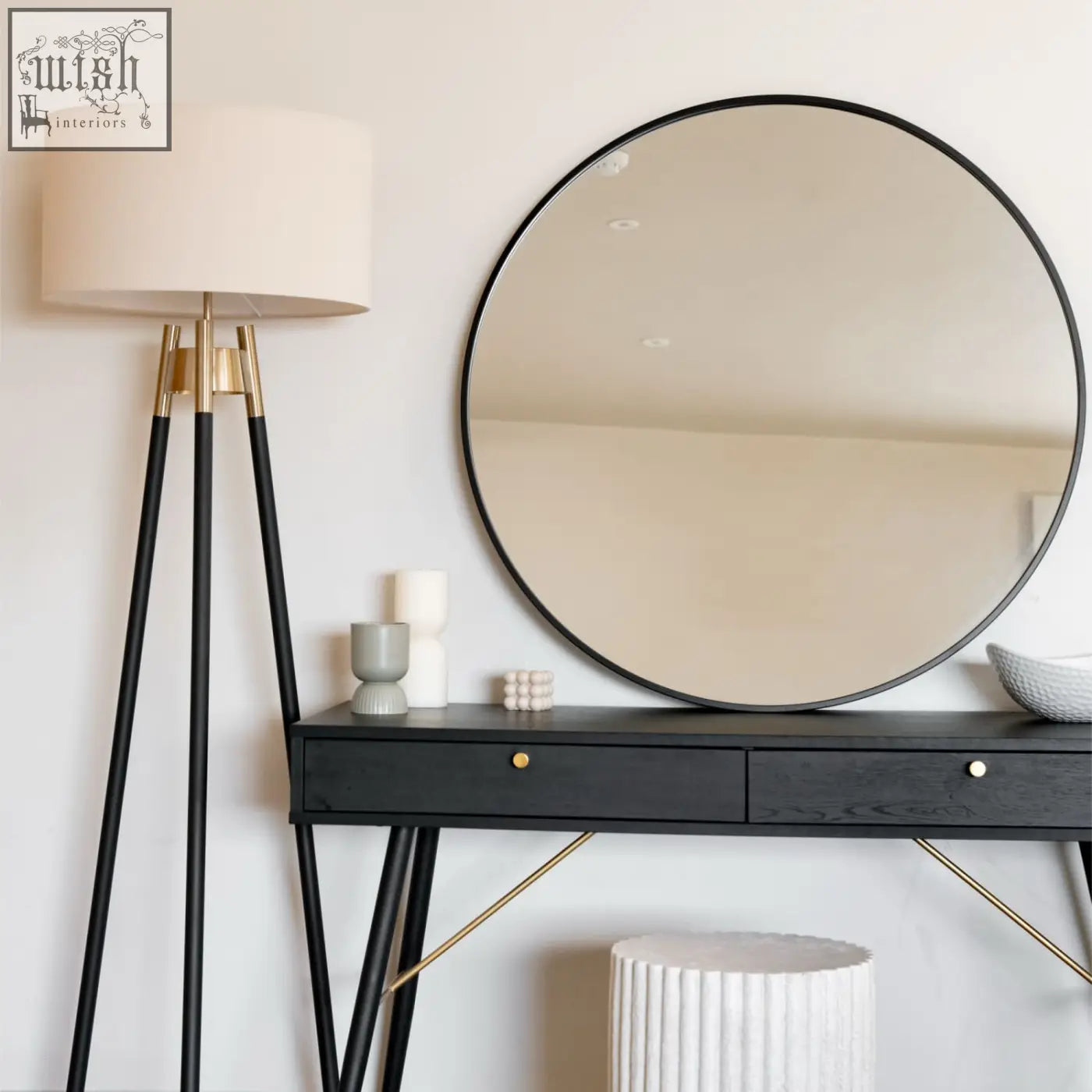 Rei 90cm black large round metal circle mirror with thin frame perfect as black round wall decor