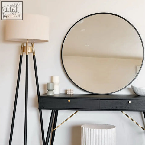 Rei 90cm black large round metal circle mirror with thin frame perfect as black round wall decor