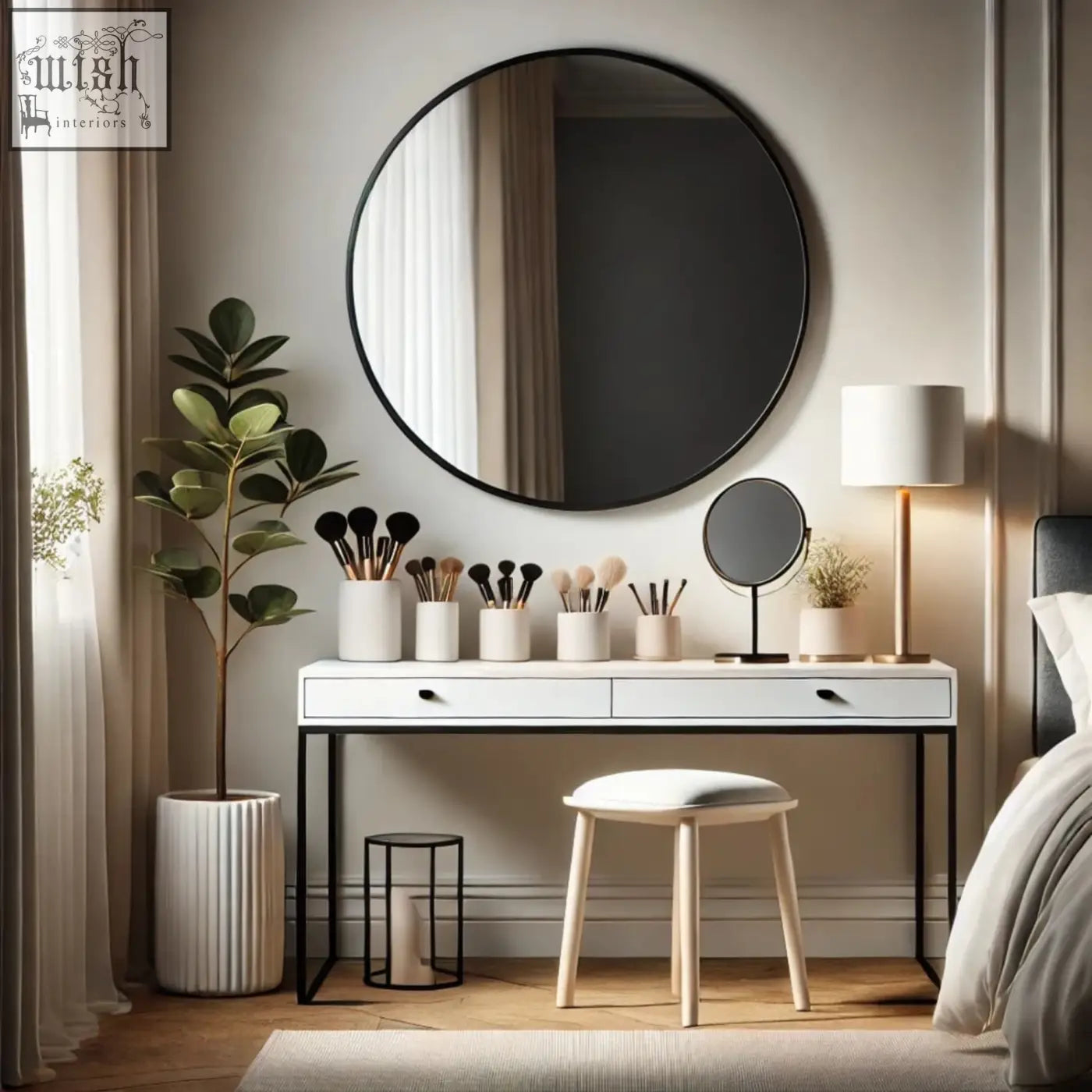 Rei 90cm black round metal mirror with sleek minimalist frame above white vanity table for modern decor