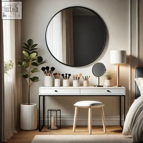 Rei 90cm black round metal mirror with sleek minimalist frame above white vanity table for modern decor
