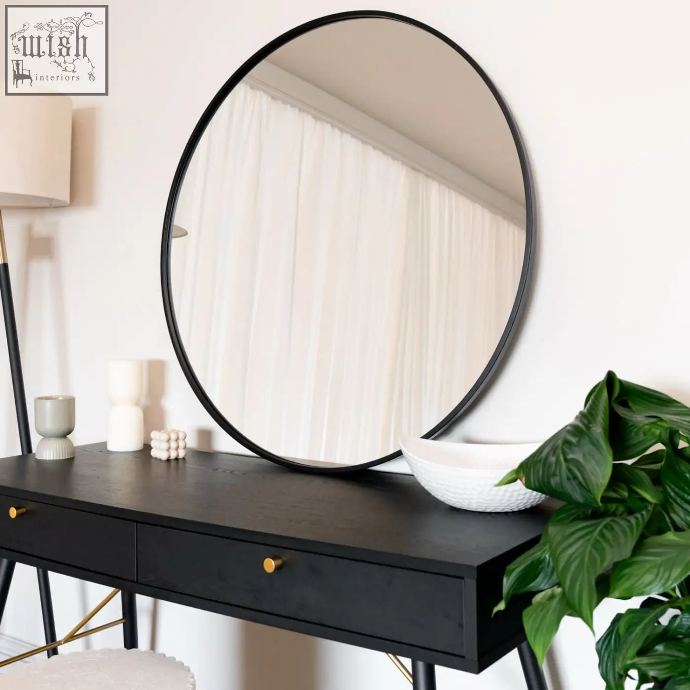 Rei 90cm black large round wall mirror with sleek minimalist black metal frame perfect for modern spaces