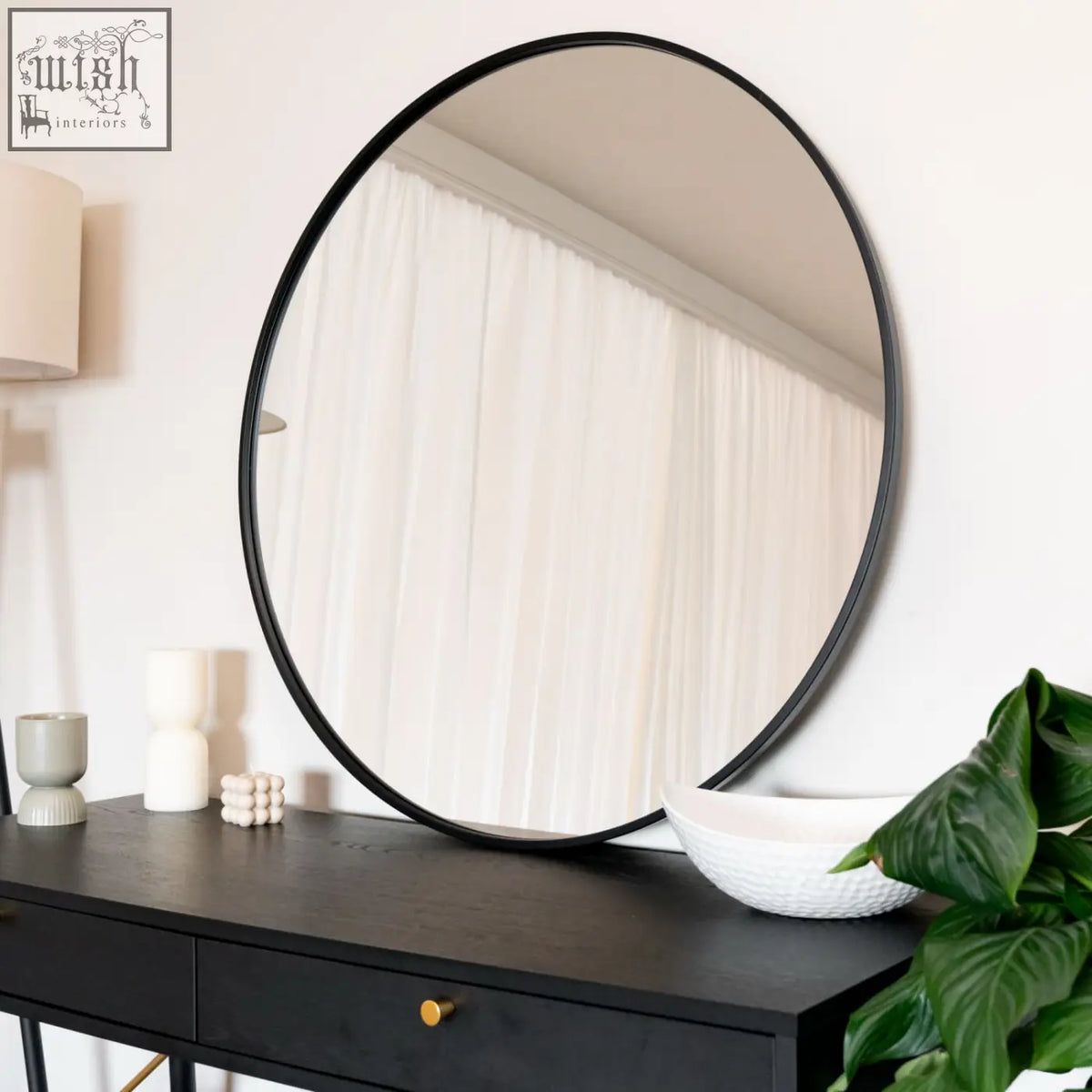 Rei 90cm black round metal wall mirror with sleek minimalist frame perfect for modern decor