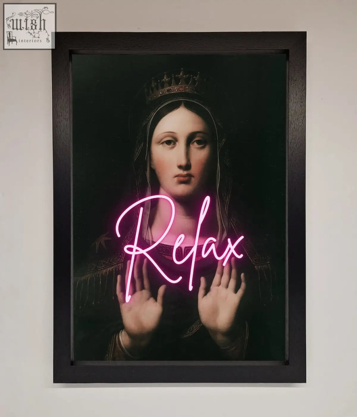 Relax mate framed wall art featuring a classical crowned woman with pink neon lettering in a dark wooden frame
