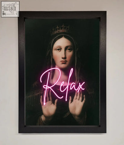 Relax mate framed wall art featuring a classical crowned woman with pink neon lettering in a dark wooden frame