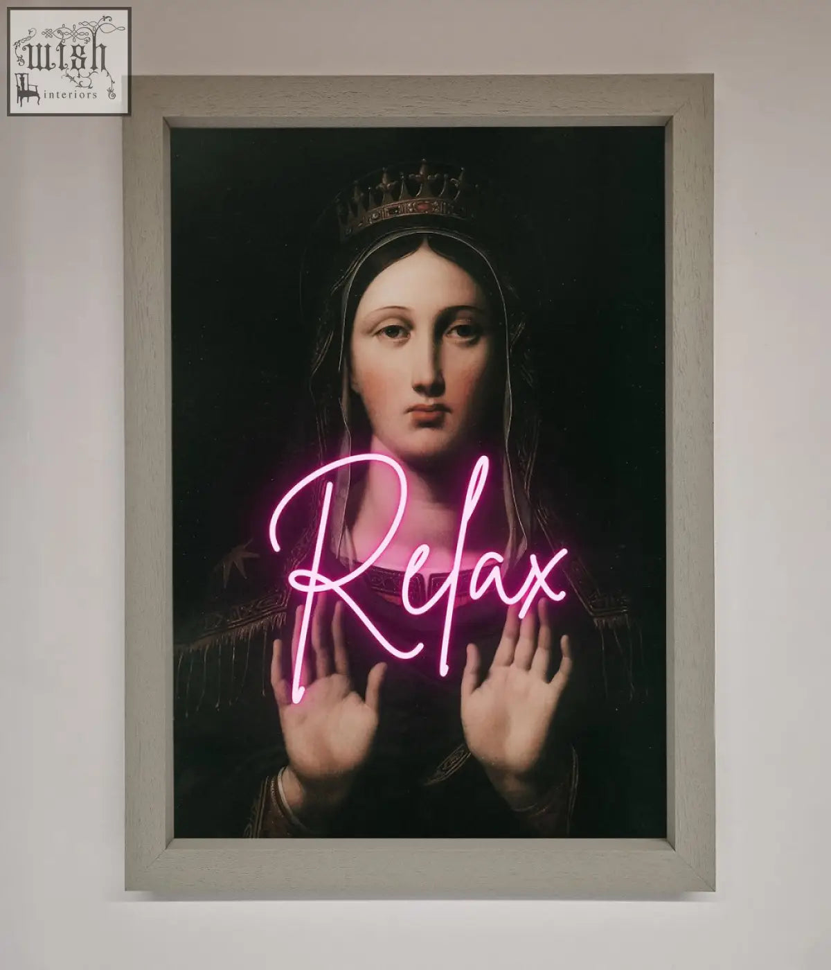 A relax mate framed wall art featuring a classical crowned woman portrait with glowing pink neon relax lettering