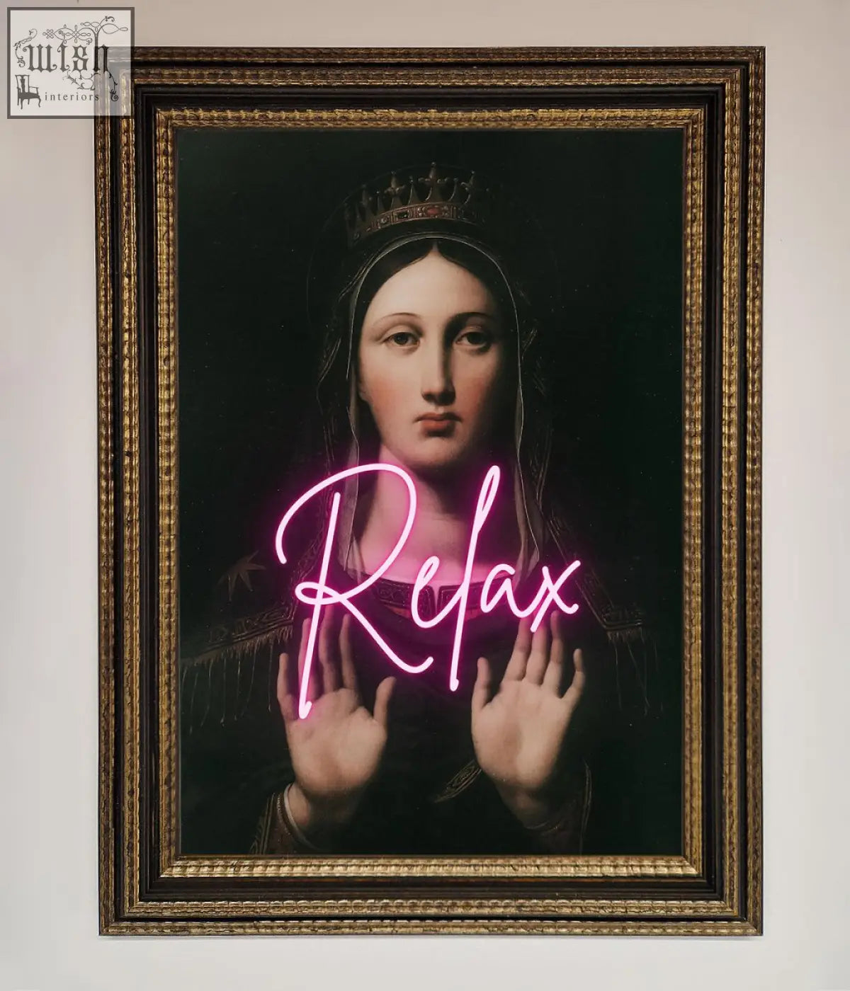A relax mate framed wall art featuring a crowned woman with raised hands and glowing pink neon relax text
