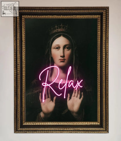 A relax mate framed wall art featuring a crowned woman with raised hands and glowing pink neon relax text