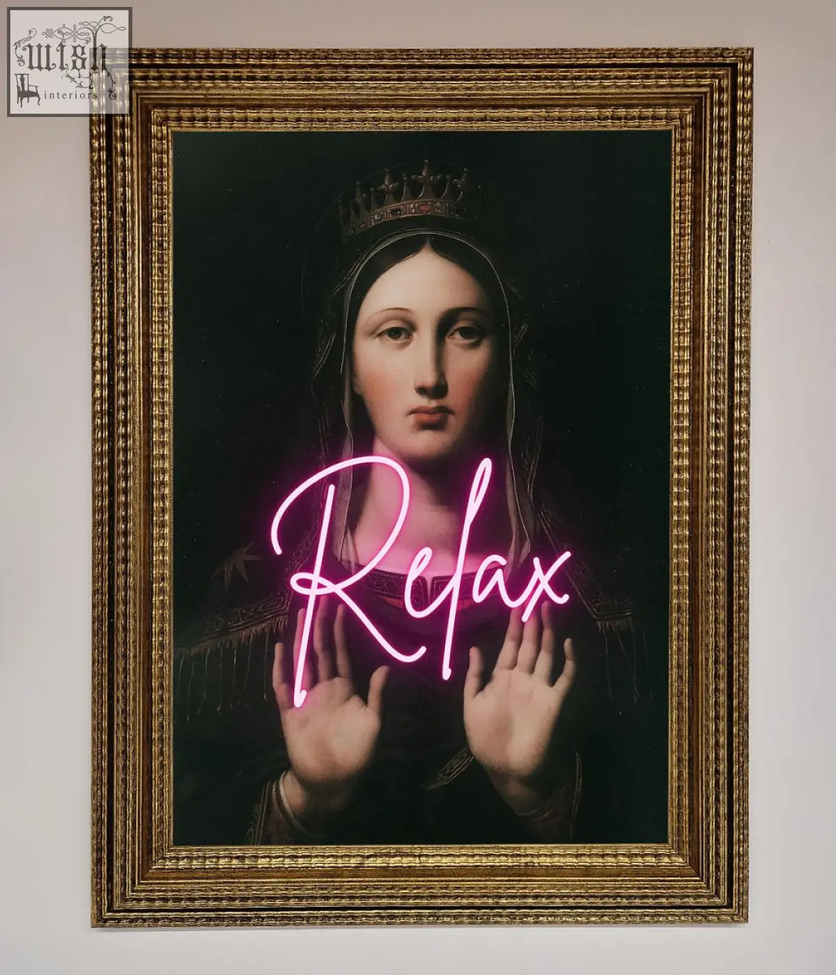 A relax mate framed wall art featuring a crowned woman with raised hands and glowing pink neon relax lettering